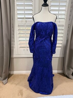 Royal Blue Sequin Off-Shoulder Evening Gown
